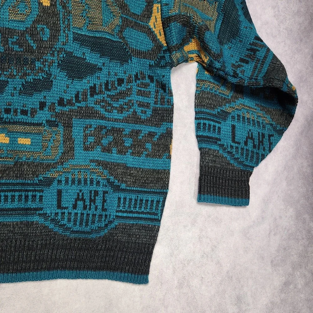 Saturdays Mens Vintage Teal Black Gold Geometric Pattern Knit Sweater size Large